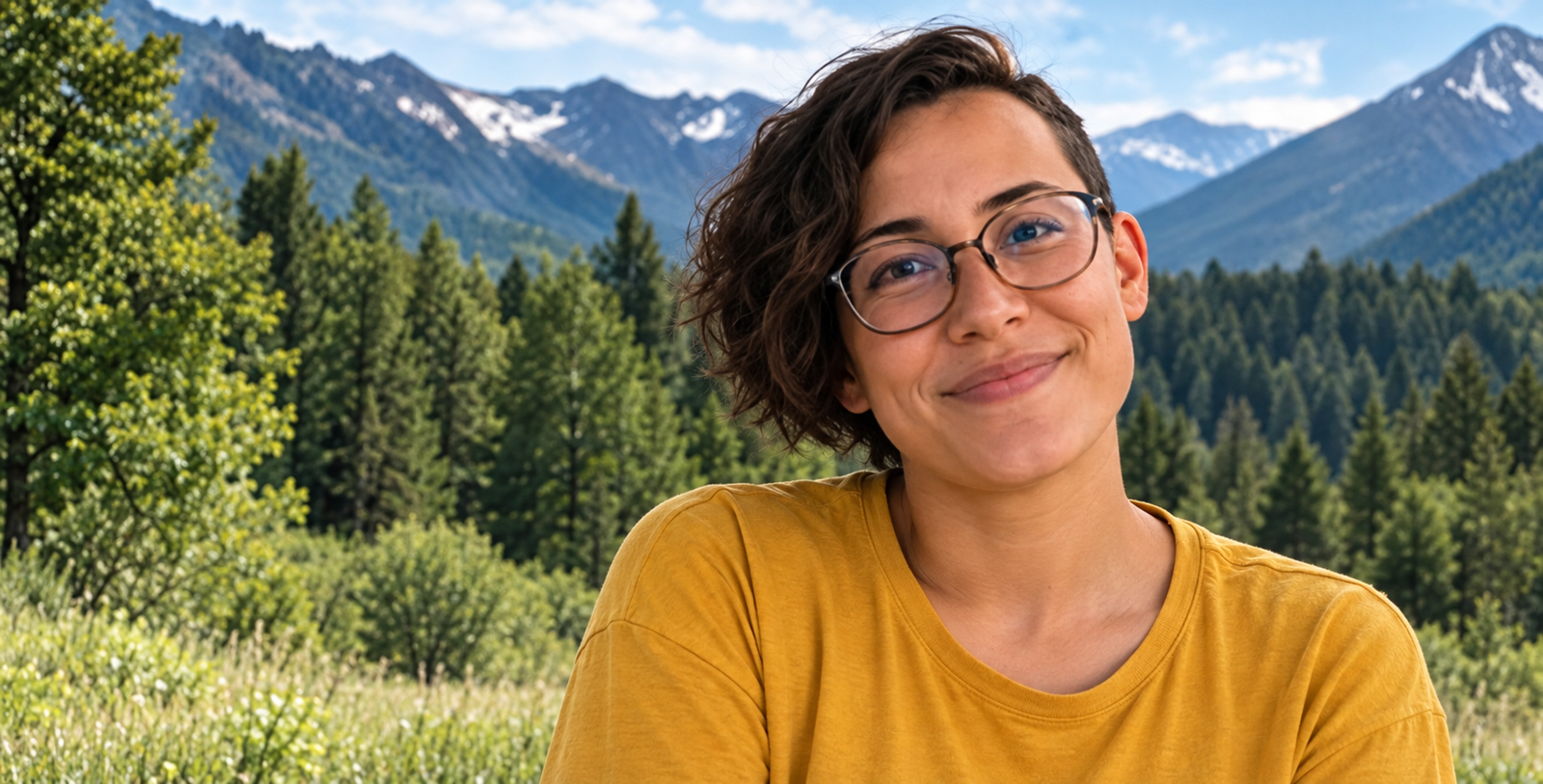 Esther smiling in the mountains
